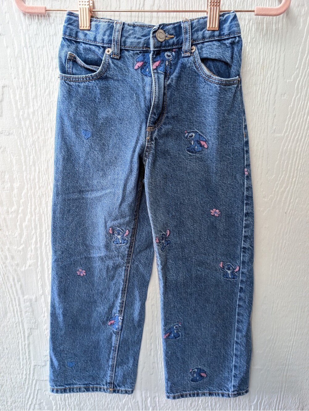 Zara Disney Lilo & Stitch Embroidered Wide Leg Blue Jeans Girl's Size 8